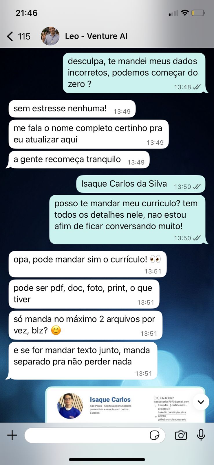 Conversa candidato — leitura de currículo