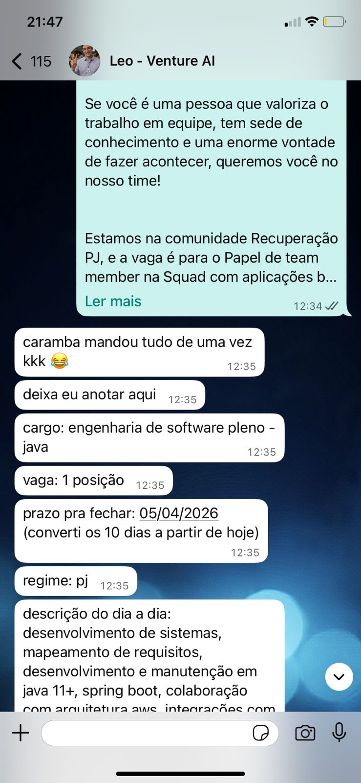 Conversa candidato — detalhes da vaga