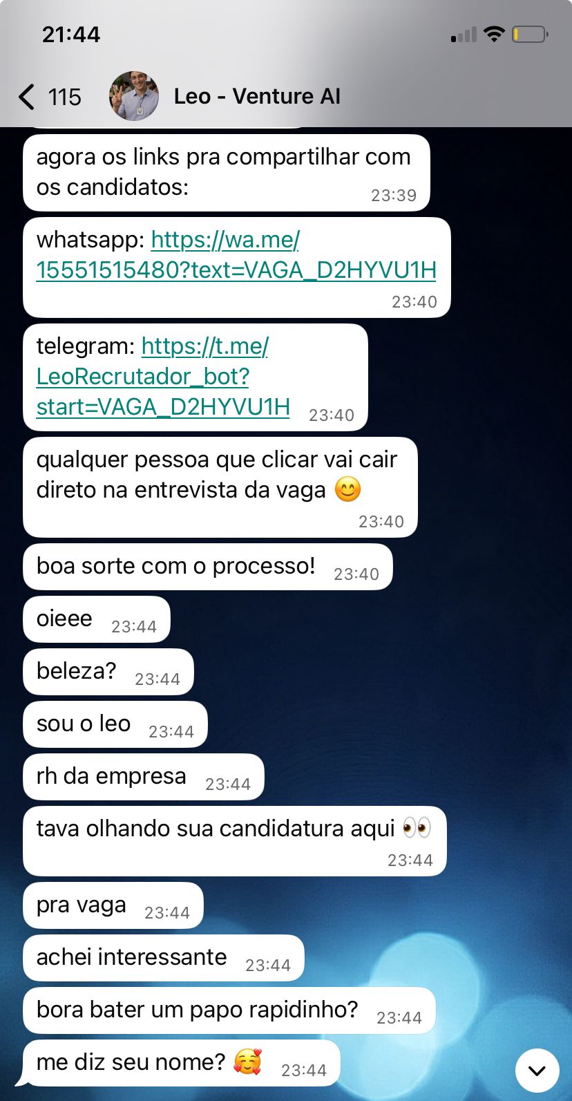 Recrutador — links WhatsApp e Telegram